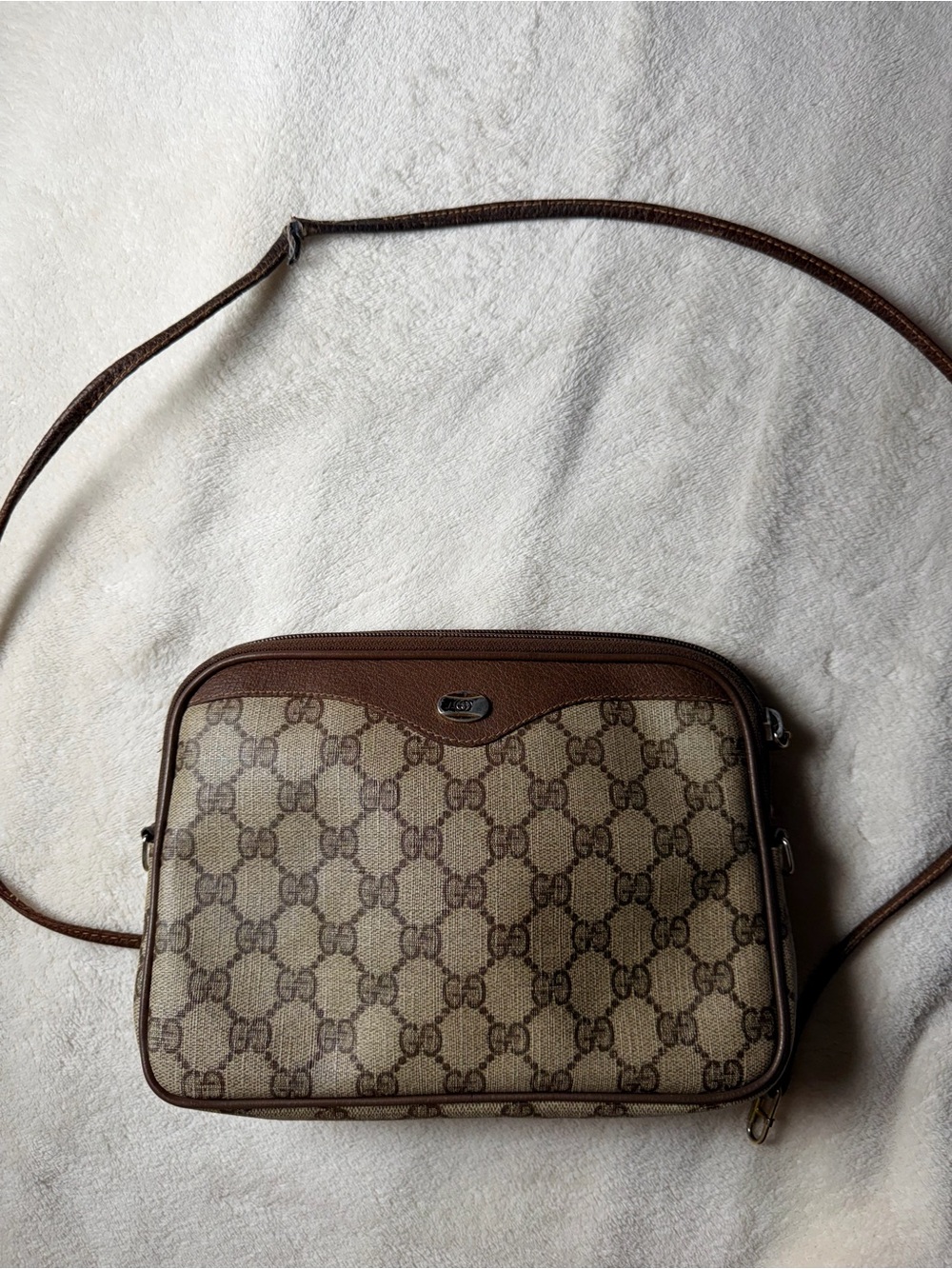 Gucci Beige GG Monogram Messenger Bag with Brown Trim